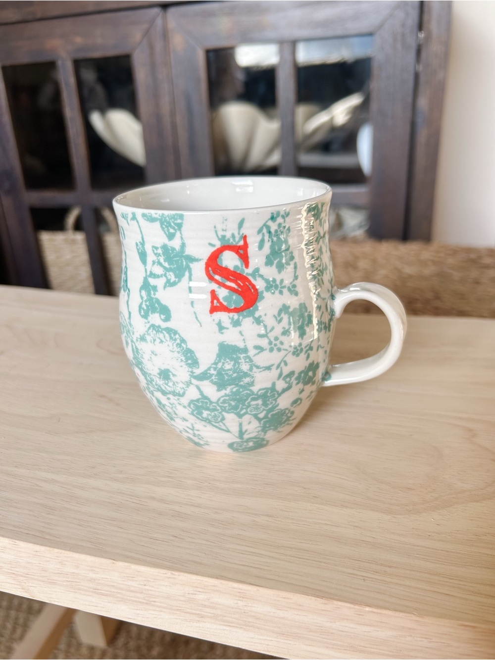 Anthropologie Homegrown Monogram Letter “S” Initial Green Floral Mug